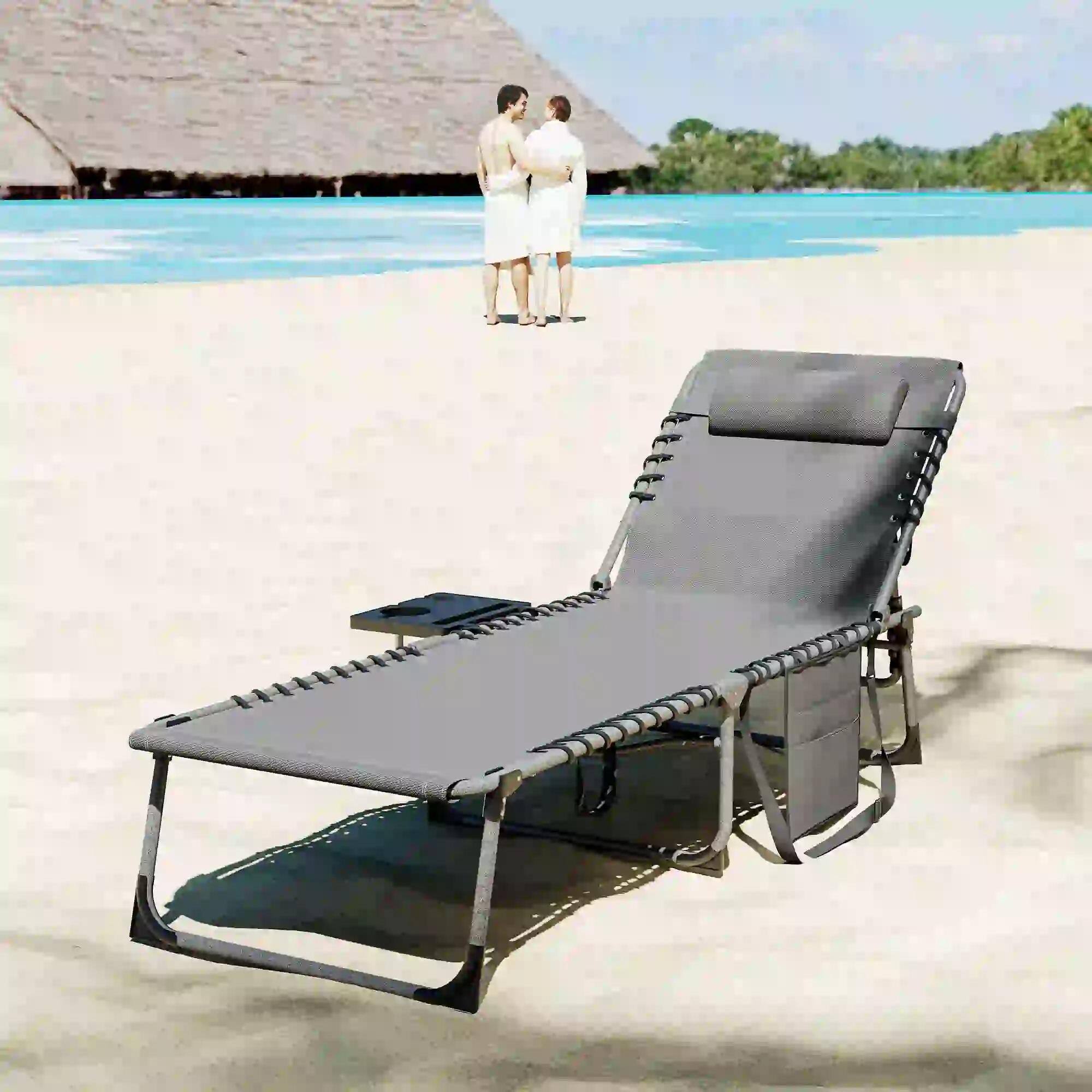 Alt View 1. Resenkos - Resenkos Folding Outdoor Chaise Lounge Chair Tanning Chair With 5-Level Adjustable Back, Pocket, Gray - Gray.