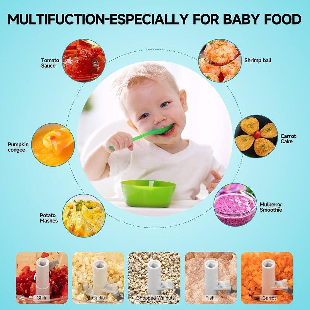 MULTIFUNCTION-ESPECIALLY FOR BABY FOOD

- Tomato Sauce
- Shrimp ball
- Carrot Cake
- Mulberry Smoothie
- Pumpkin congee
- Potato Mashes
- Chili
- Garlic
- Chopped Walnuts
- Fish
- Carrot