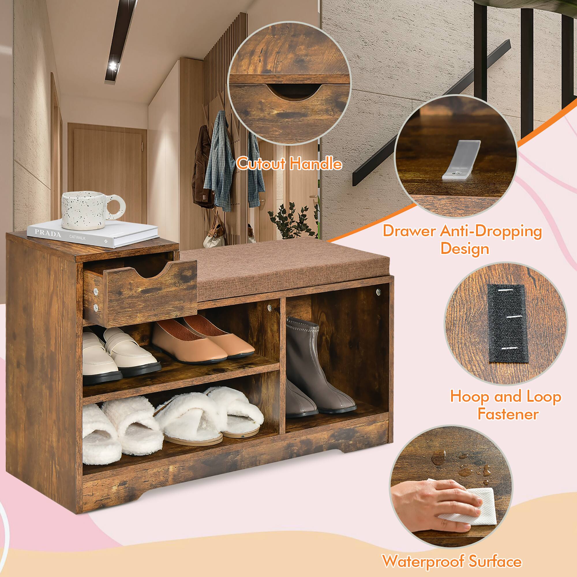 The text on the image is grouped and corrected as follows:

1. Cutout Handle: The image shows a wooden drawer with a cutout handle, which allows for easy access to the contents.
2. Drawer Anti-Dropping Design: The drawer features an anti-dropping design that prevents items from falling out when the drawer is opened.
3. Hoop and Loop Fastener: The drawer has a hoop and loop fastener that helps keep the items in place and prevents them from sliding around.
4. Waterproof Surface: The drawer is made of waterproof material, which makes it suitable for storing items in a bathroom or other wet environments.