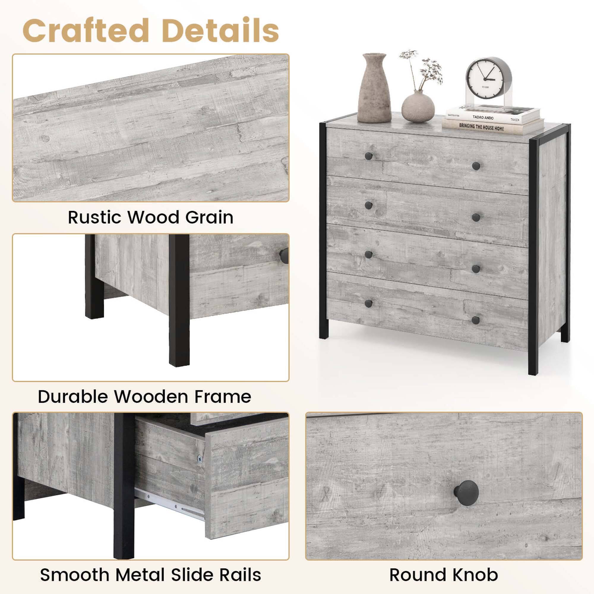 Crafted Details - Rustic Wood Grain Durable Wooden Frame Smooth Metal Slide Rails Round Knob