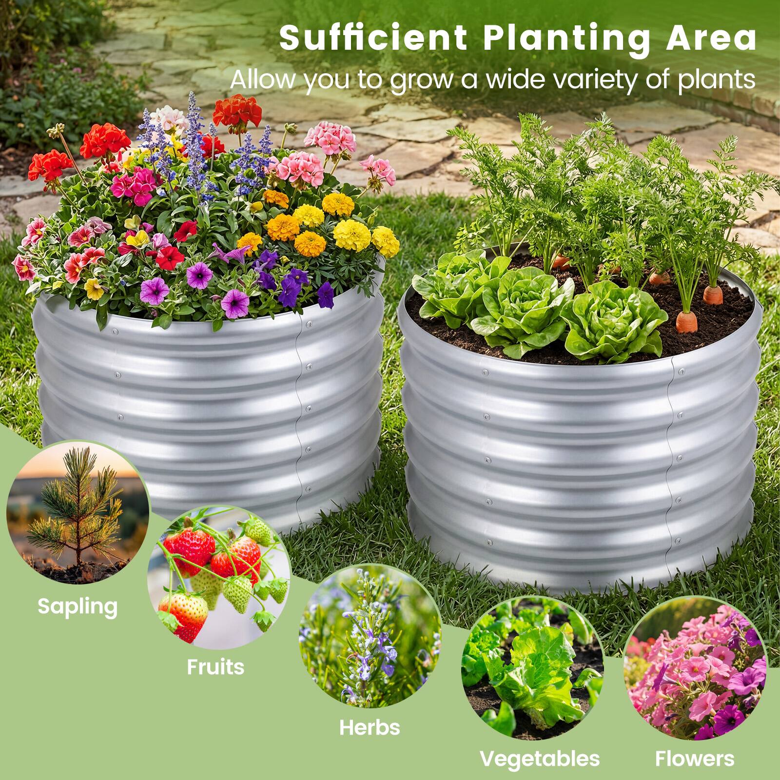 Sufficient Planting Area  
Allow you to grow a wide variety of plants  
- Sapling  
- Fruits  
- Herbs  
- Vegetables  
- Flowers