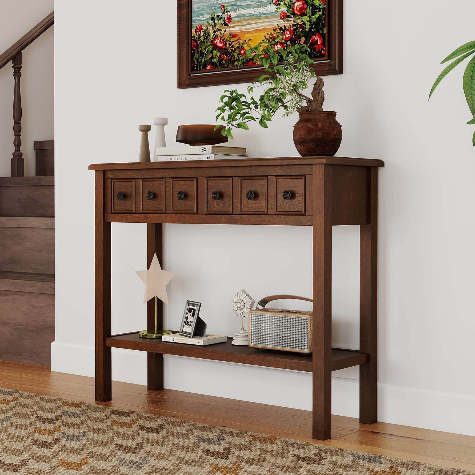 Alt View 1. Costway - Costway Console Table 38" Narrow Accent Sofa Table with 2 Drawers & Bottom Storage Shelf - Brown.
