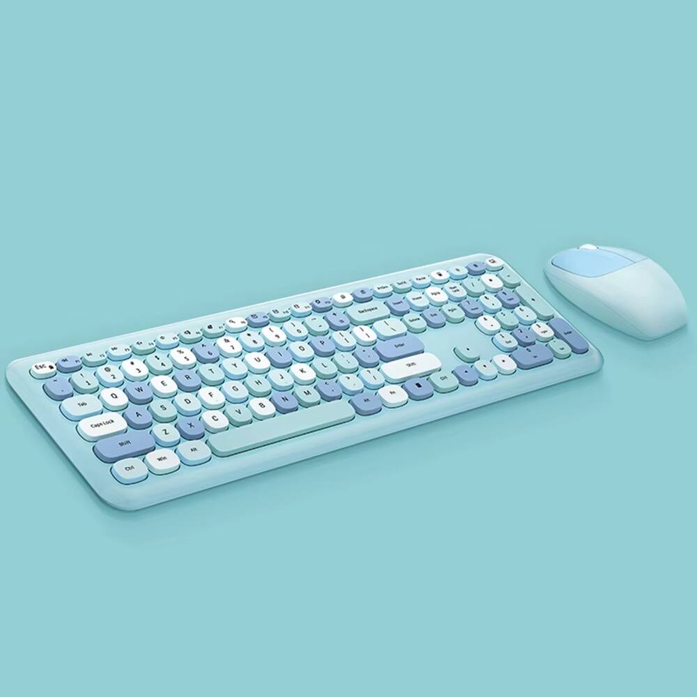 PRIMEPLUS - Keyboard Mouse Combo Wireless 2.4G Mixed Color 110 Key Keyboard Mouse Set with Round Punk Keycaps - Blue