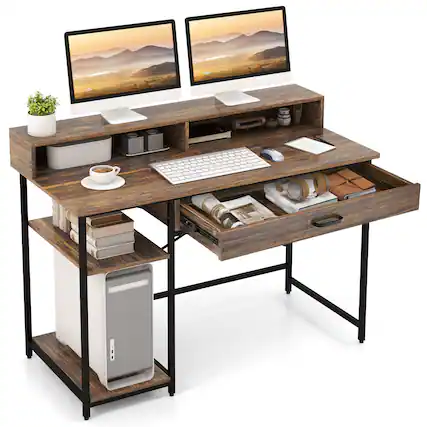 Front. Ecooso - 48 Inch Computer Desk with Monitor Stand, Drawer and Shelves, Home Office Workstation - Rustic Brown/Black.