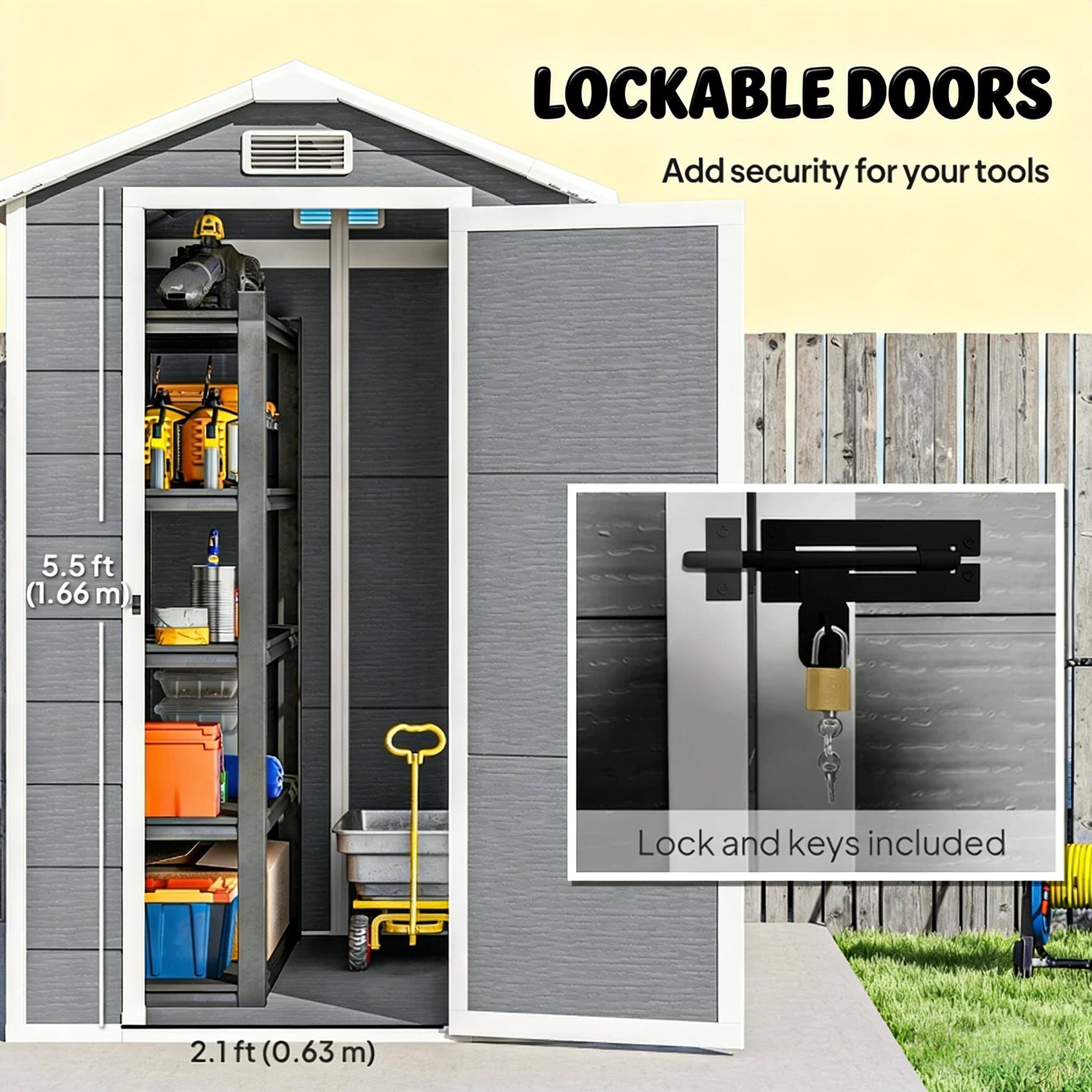 e) LOCKABLE DOORS  
Add security for your tools  
5.5 ft (1.66 m)  
Lock and keys included  
2.1 ft (0.63 m)