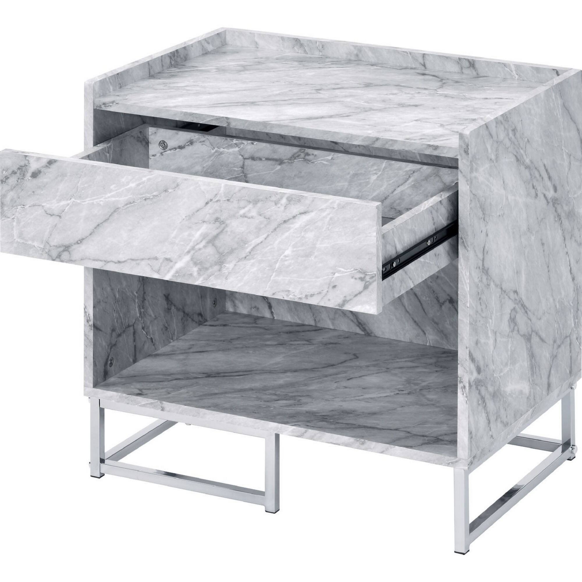 Alt View 2. Manhattan Lane - Faux Marble Accent Table with Chrome Finish - Blue and Gold.
