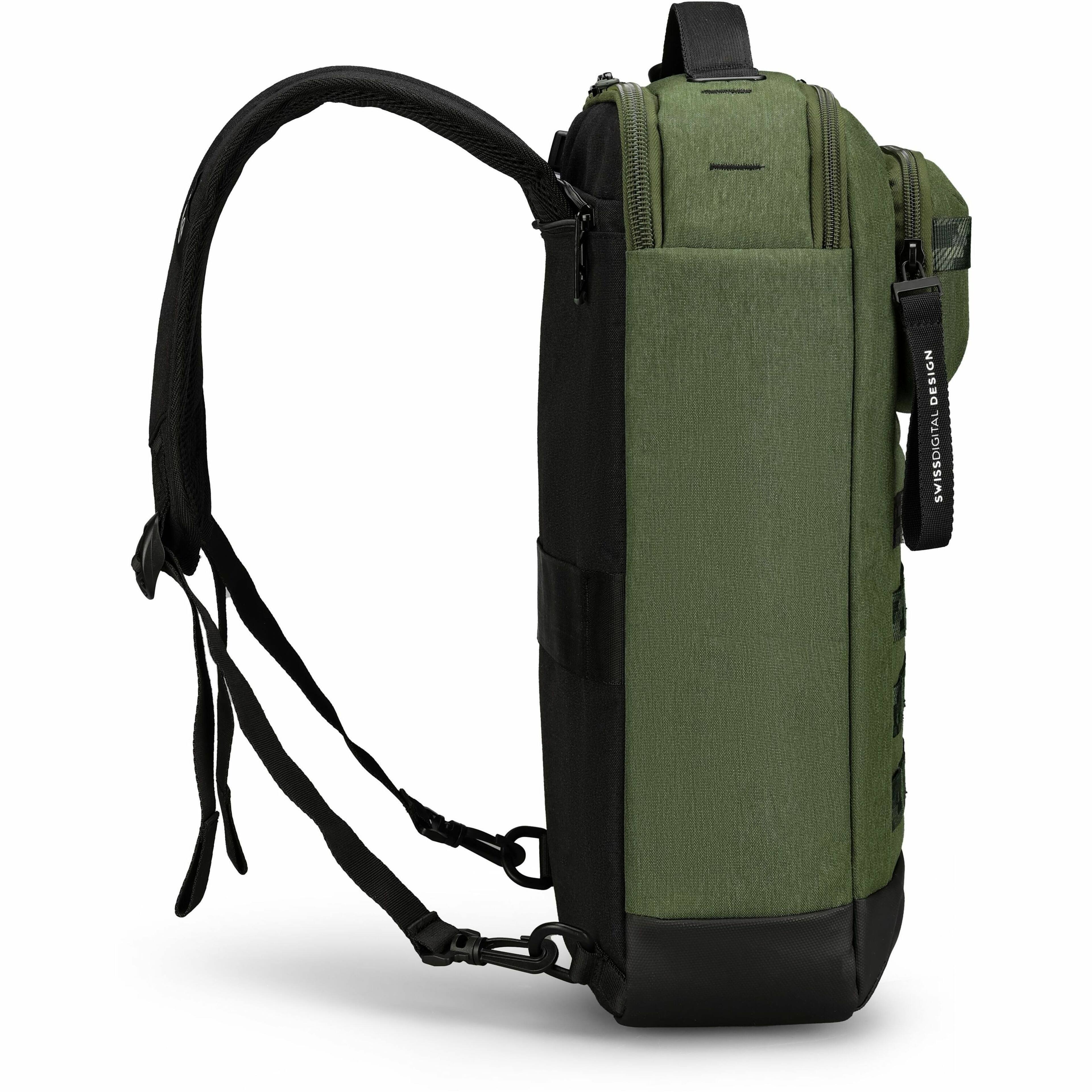 The image features a green backpack with a black strap. The backpack is designed by Swissdigital, and it appears to be a travel bag. The bag is hanging on a hook, and it is the only object in the image.