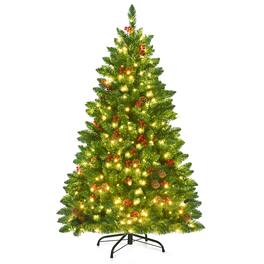 Costway - 4.5Ft Pre-Lit Artificial Christmas Tree with Sturdy Metal Stand Pine Cones and Red Berries - Green