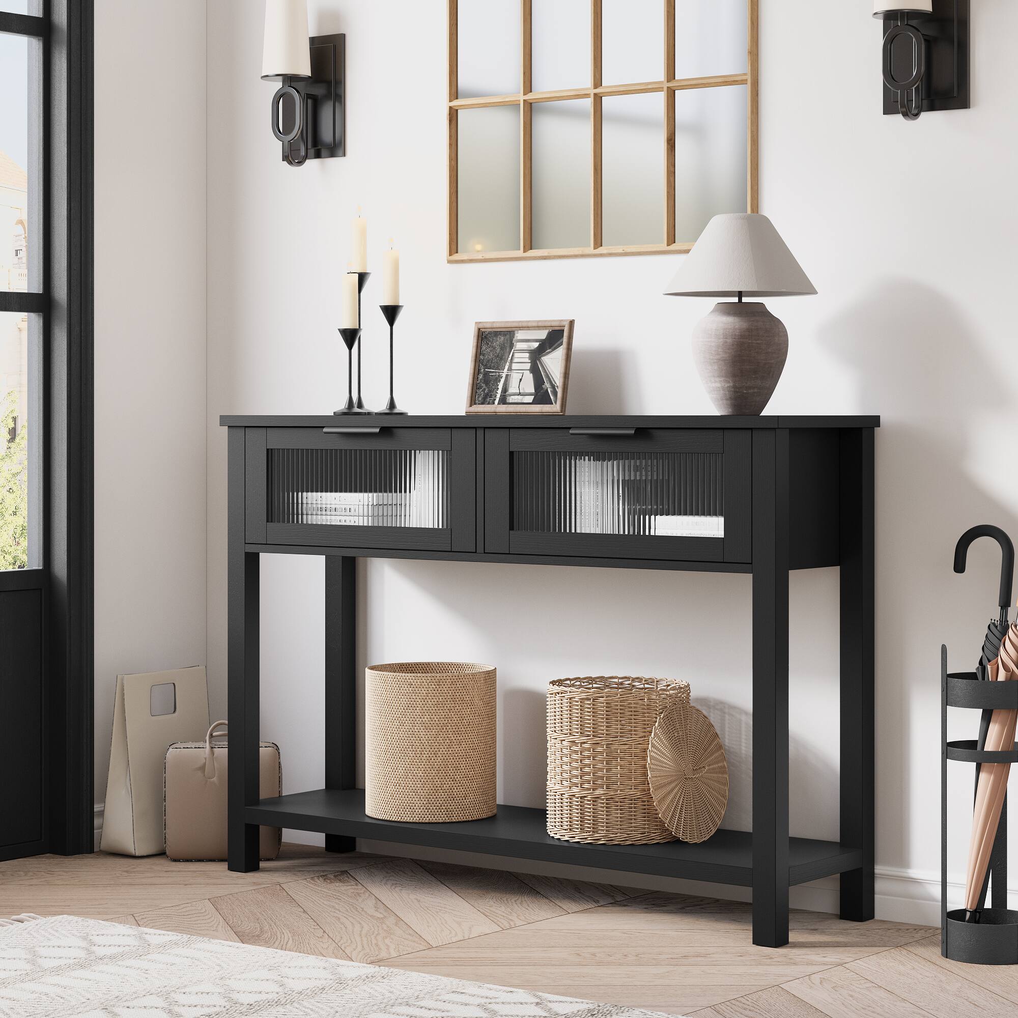 Alt View 5. Acekool - 43'' Narrow Console Table with 2 Glass Drawers, 2-Tier Sofa Table for Entryway - Black.