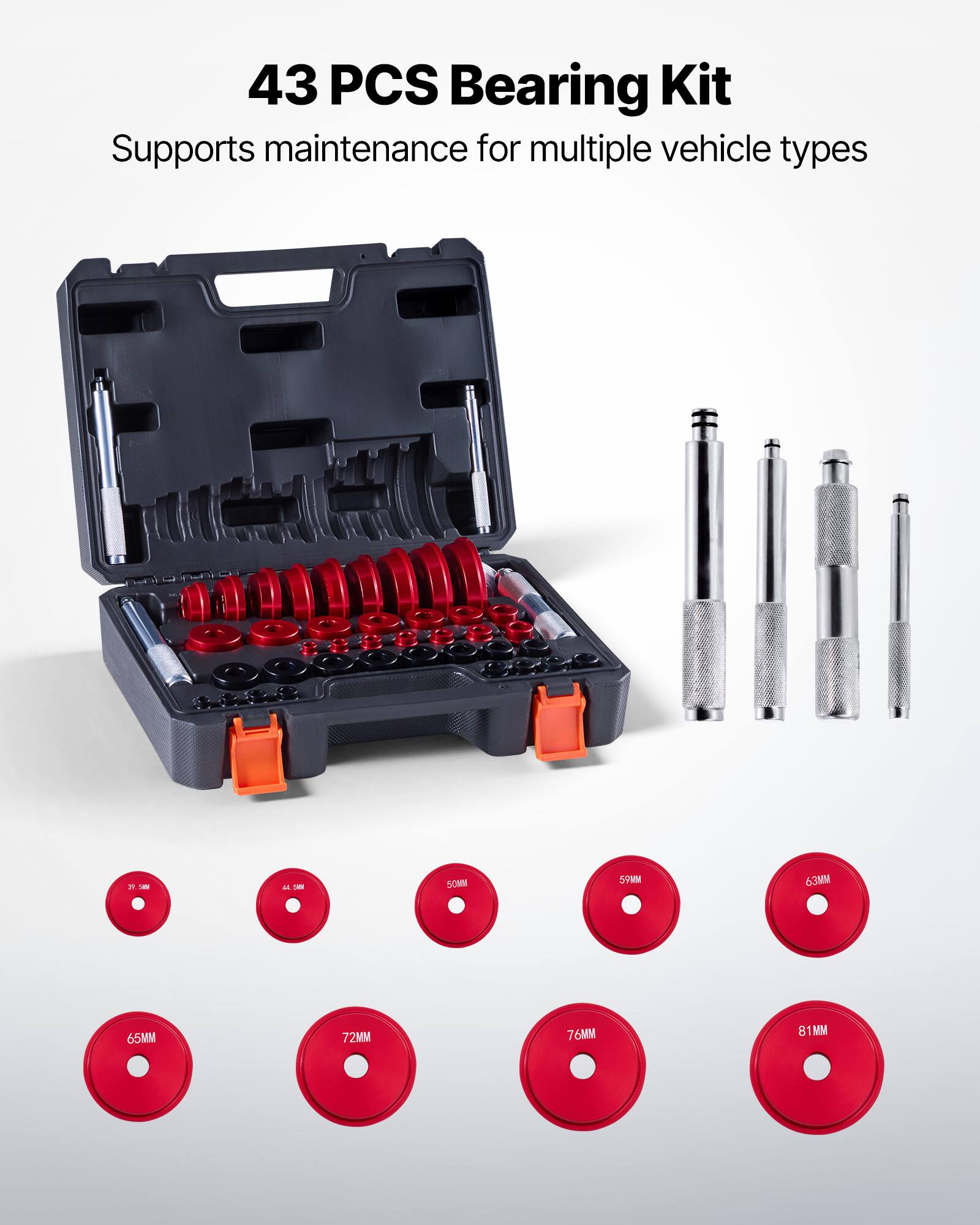 43 PCS Bearing Kit  
Supports maintenance for multiple vehicle types  

Sizes:  
- 37.5MM  
- 44.5MM  
- 50MM  
- 59MM  
- 63MM  
- 65MM  
- 72MM  
- 76MM  
- 81MM