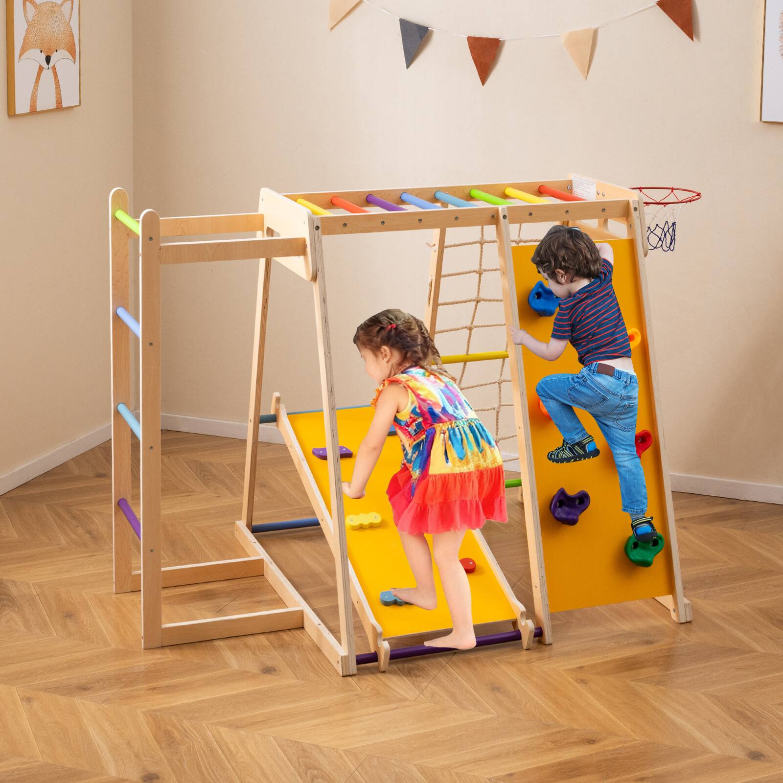 Alt View 1. Gymax - Gymax 6-in-1 Jungle Gym w/Slide Rock Climbing Basketball Hoop Monkey Bar Rope Net Rainbow - Rainbow.