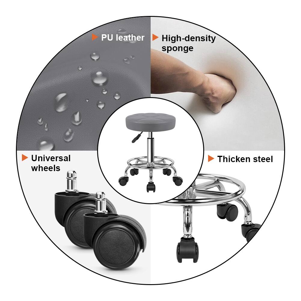 - PU leather
- High-density sponge
- Universal wheels
- Thickened steel