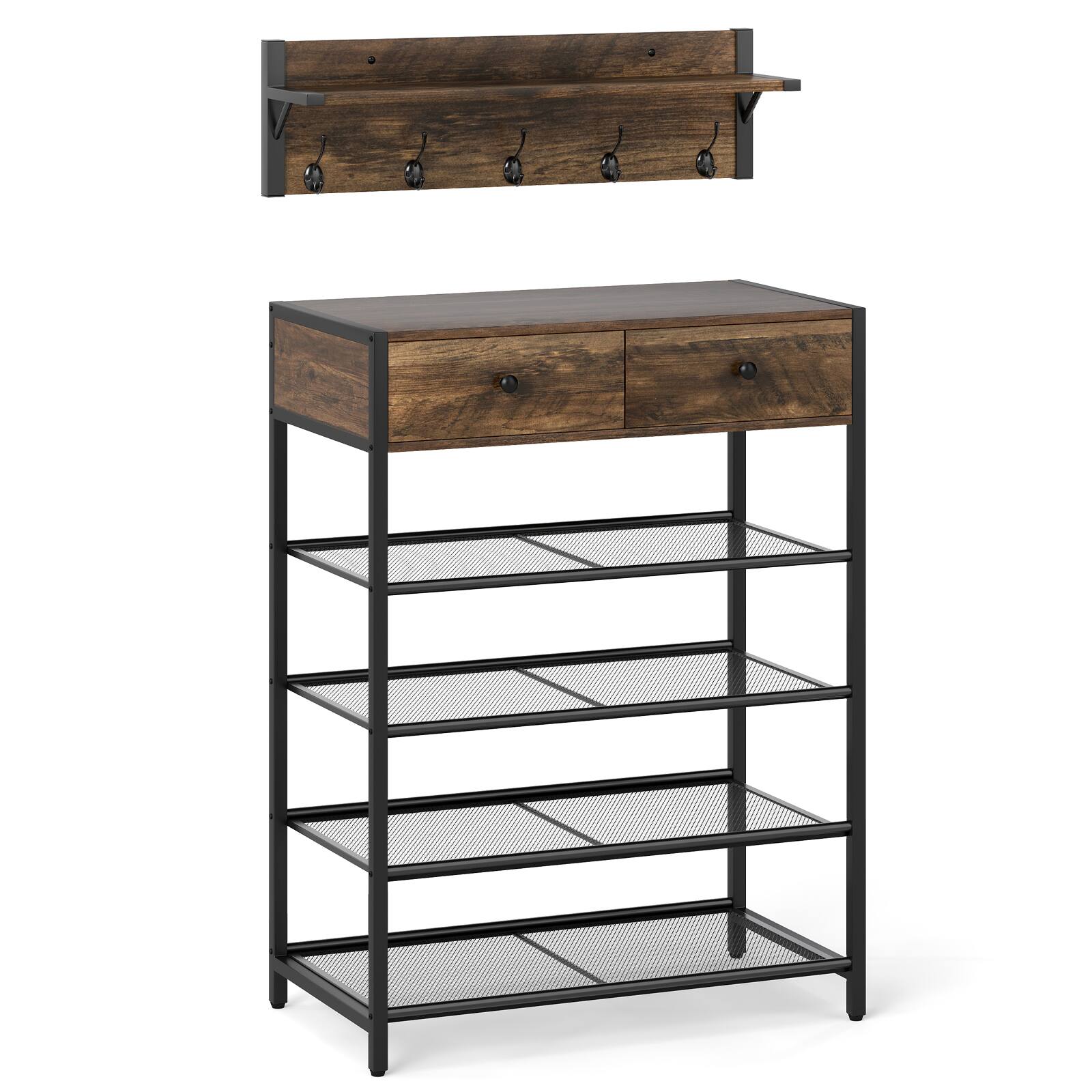 Alt View 9. Gymax - Gymax 5-Tier Shoe Rack w/ Wall-Mounted Coat Rack Hooks Drawers & Shelves for Bedroom - Brown, Black.