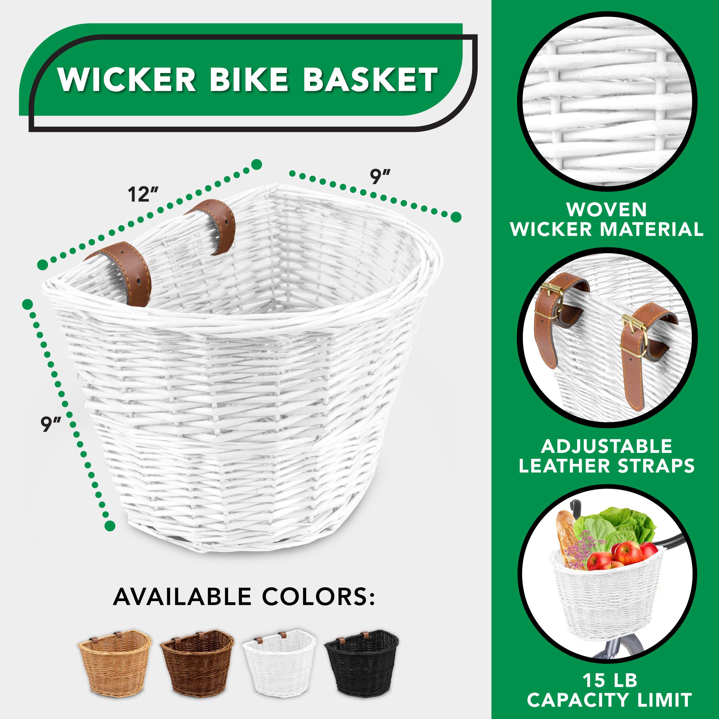 WICKER BIKE BASKET, 12" 9", WOVEN WICKER MATERIAL, ADJUSTABLE LEATHER STRAPS, AVAILABLE COLORS: 15 LB CAPACITY LIMIT