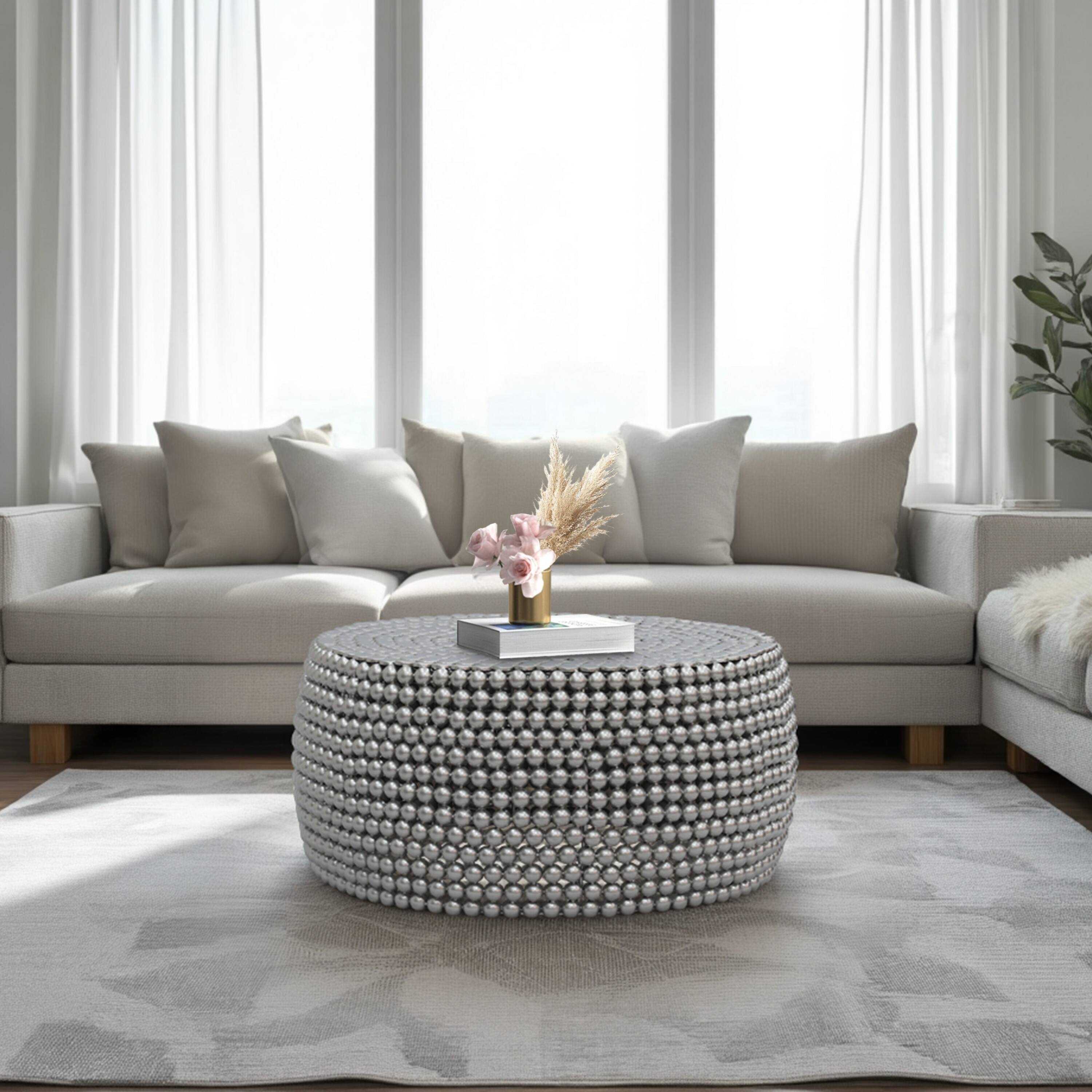 Alt View 9. Manhattan Lane - Eve 32" Coffee Table | Silver Metallic Beads Studded Pattern | Nickel Coated Iron Frame - Silver.