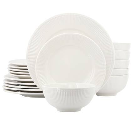 Front. Elama - Elama Farrah 18 Piece Round Stoneware Dinnerware Set in White - White.