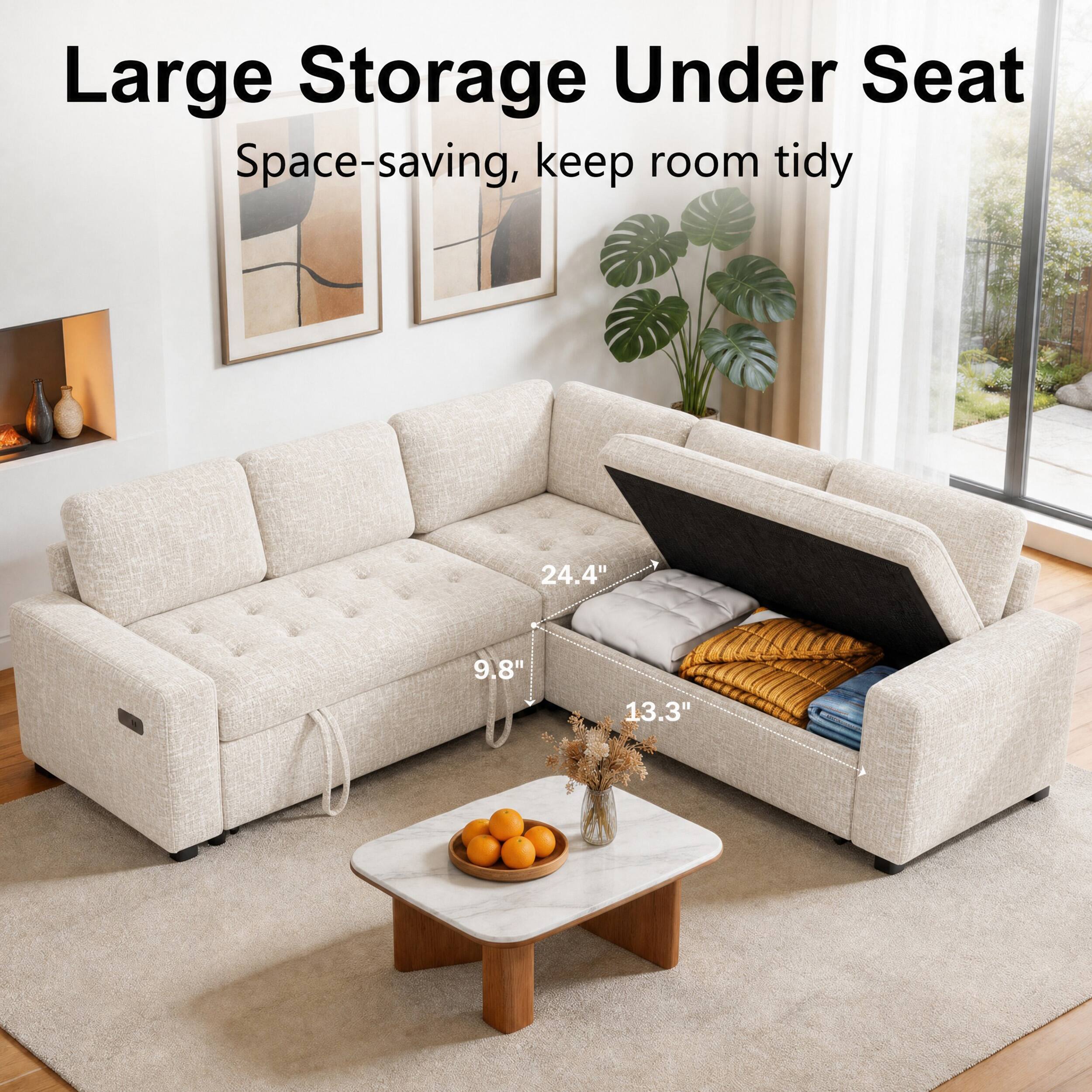 Large Storage Under Seat  
Space-saving, keep room tidy  

24.4"  
9.8"  
13.3"