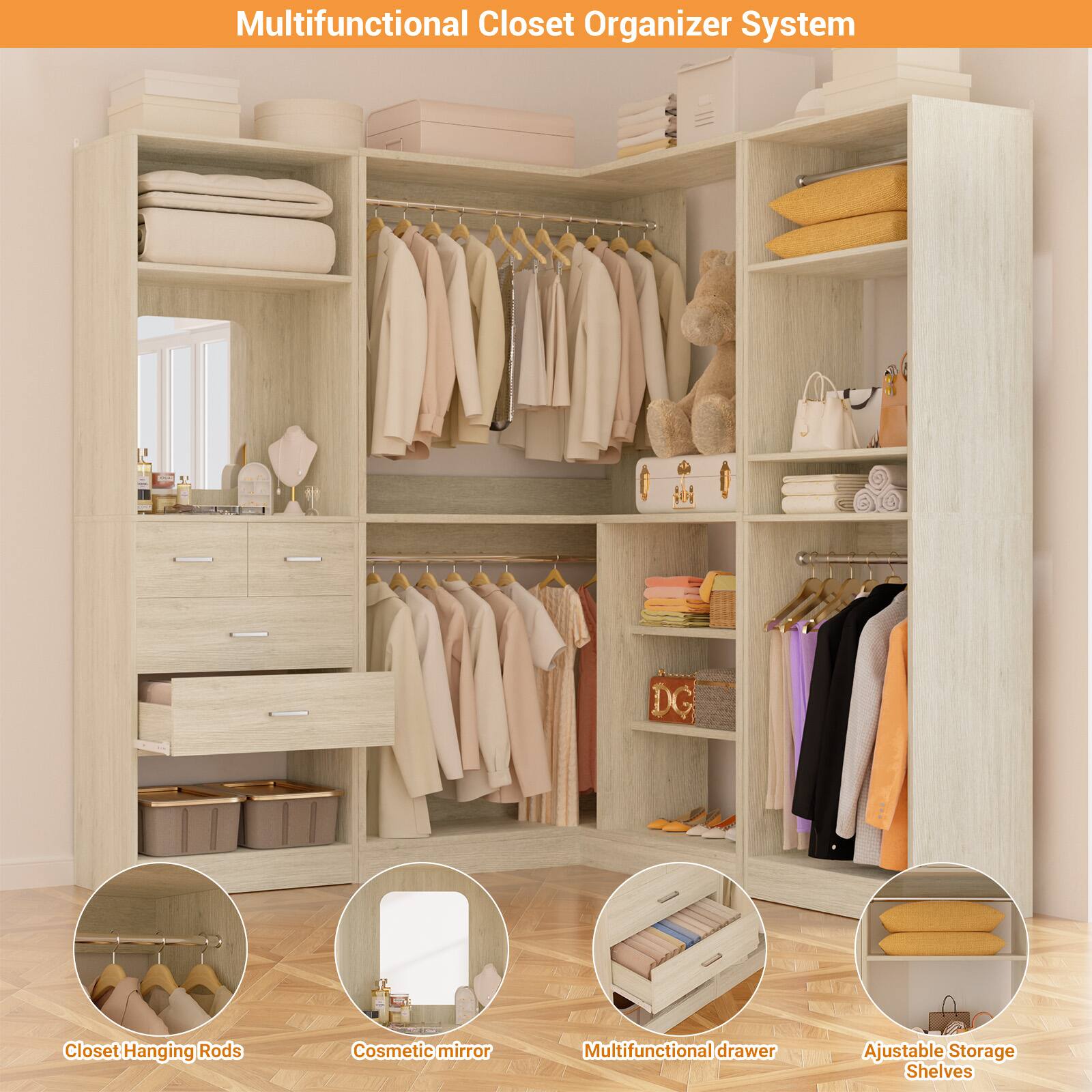 Multifunctional Closet Organizer System

- Closet Hanging Rods
- Cosmetic mirror
- Multifunctional drawer
- Adjustable Storage Shelves