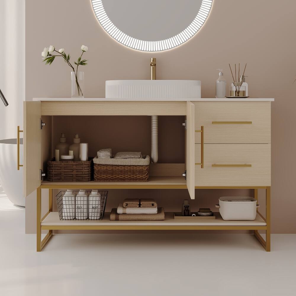 Back. Loheer - Loheer 36 inch modern bathroom vanity with ceramic vessel sink and gold accent freestanding cabinet - American White Oak.