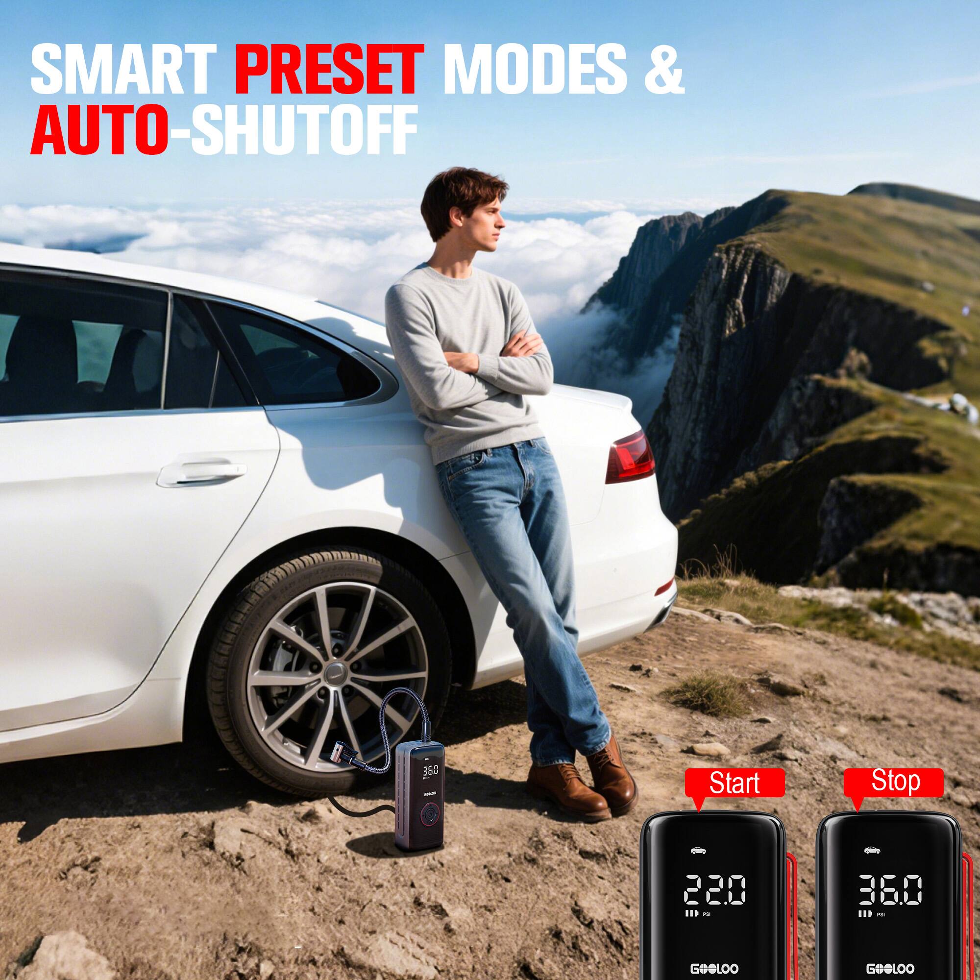 SMART PRESET MODES & AUTO-SHUTOFF

Start 22.0 PSI

Stop 36.0 PSI