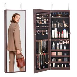 VEVOR - Mirror Jewelry Cabinet, 42.52-Inch Tall Lockable Jewelry Cabinet Armoire, Wall or Door Mounted Jewelry Mirror Organizer - Brown