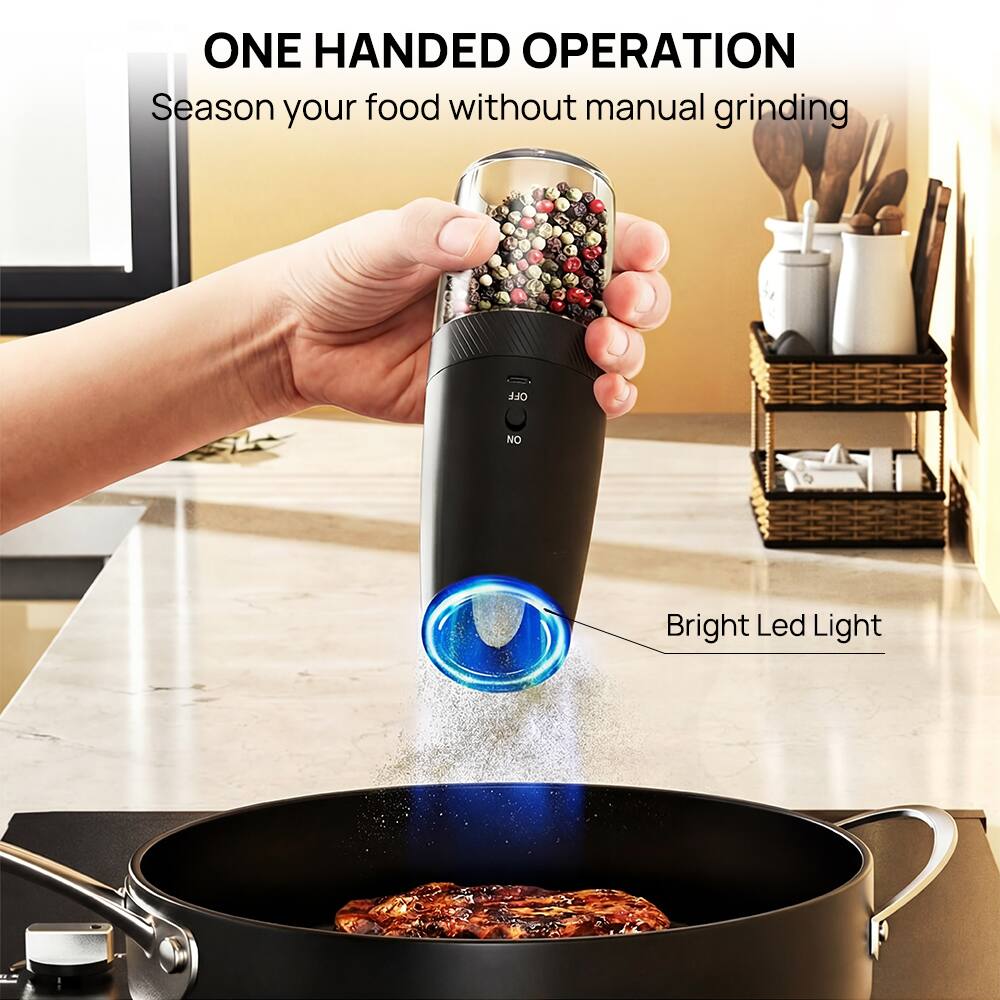 ONE HANDED OPERATION  
Season your food without manual grinding  
Bright Led Light