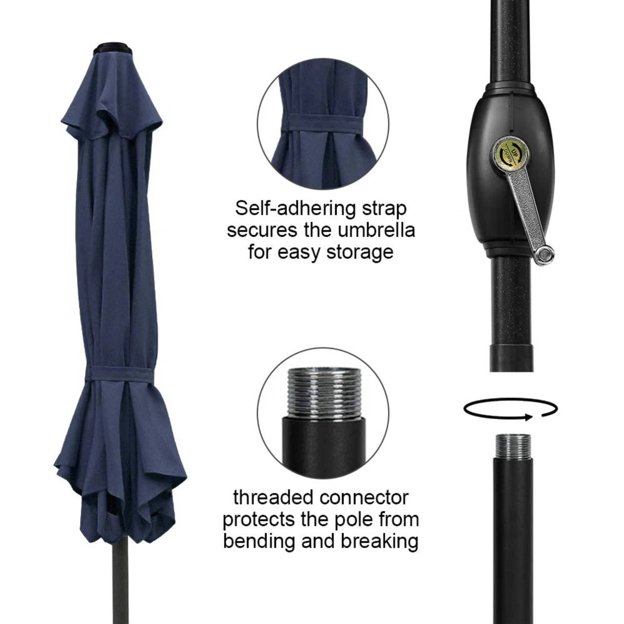 Self-adhering strap secures the umbrella for easy storage. Threaded connector protects the pole from bending and breaking.