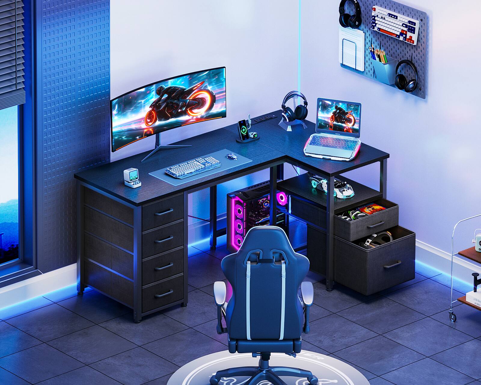 Alt View 1. AODK - Reversible L Shaped Desk with 5 Drawers & File Drawer, Computer Table with Power Outlet and Open Storage Shelf - Black.