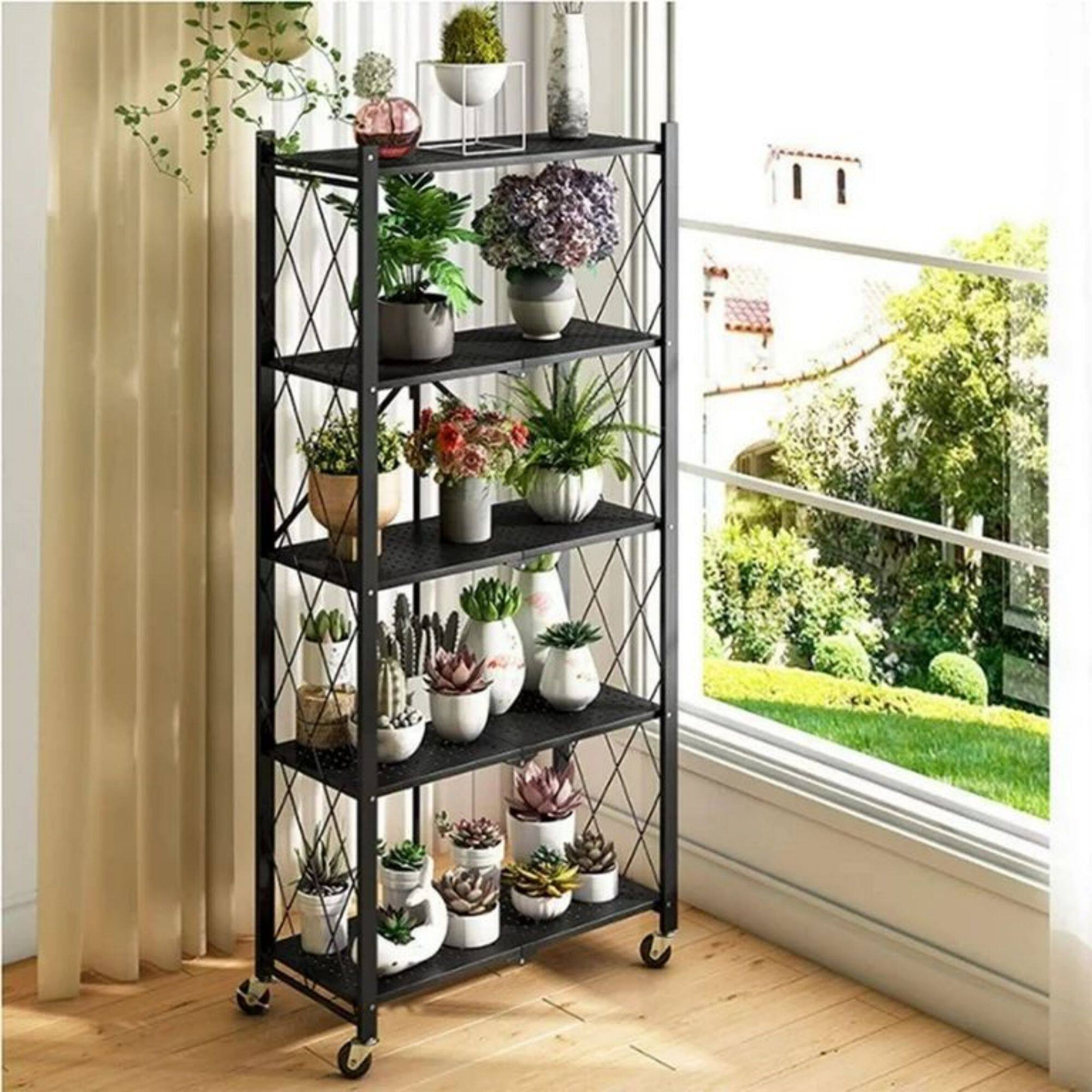 Angle. Sugift - 5-Tier Foldable Storage Shelves, Metal Storage Rack with Wheels - Black.