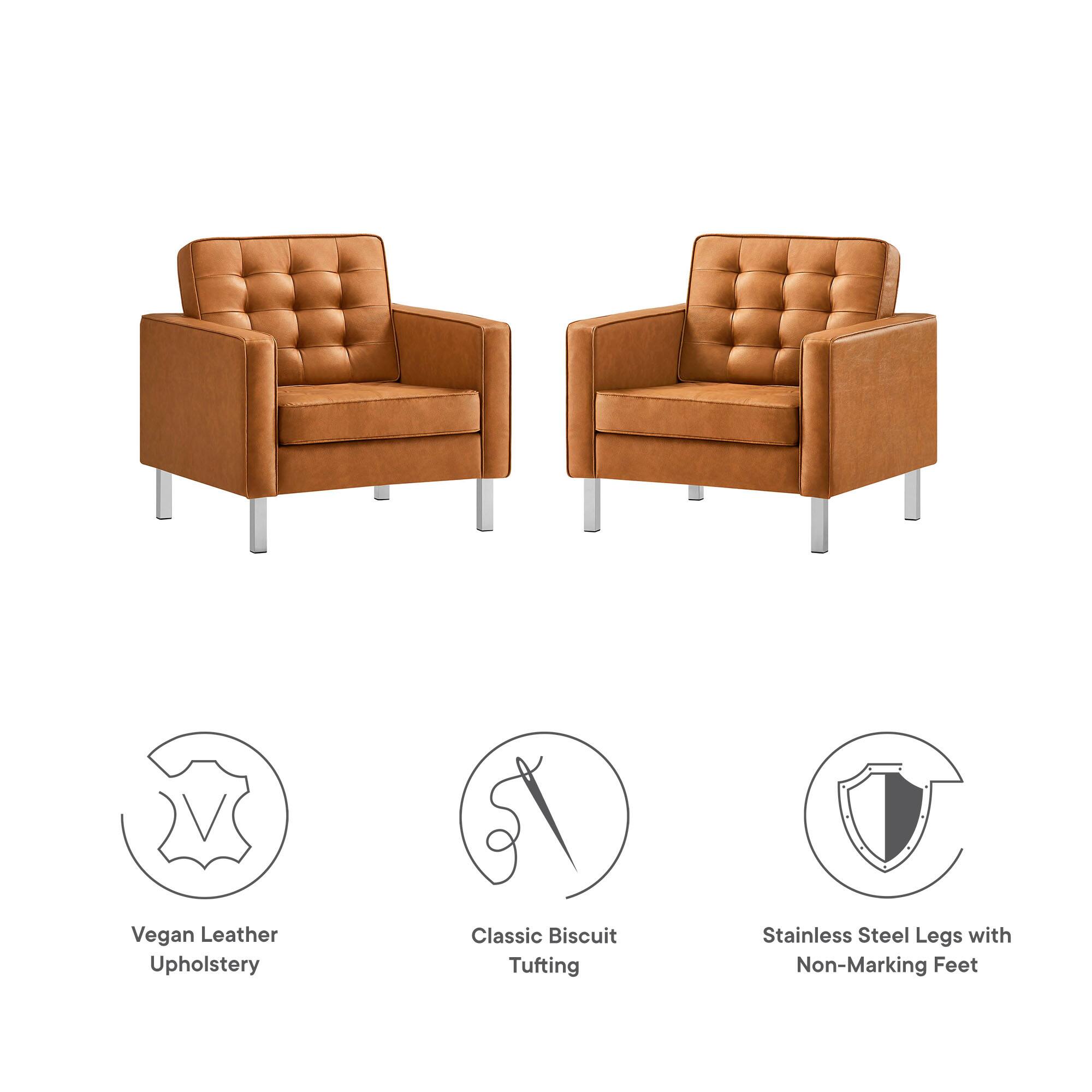 Vegan Leather Upholstery  
Classic Biscuit Tufting  
Stainless Steel Legs with Non-Marking Feet