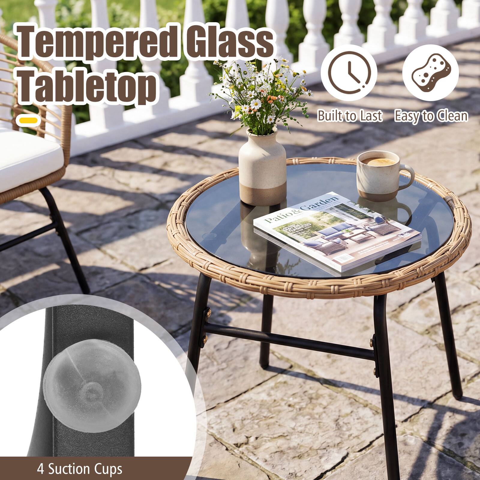 Tempered Glass Tabletop - Built to Last Easy to Clean Garden Patio & F 4 Suction Cups