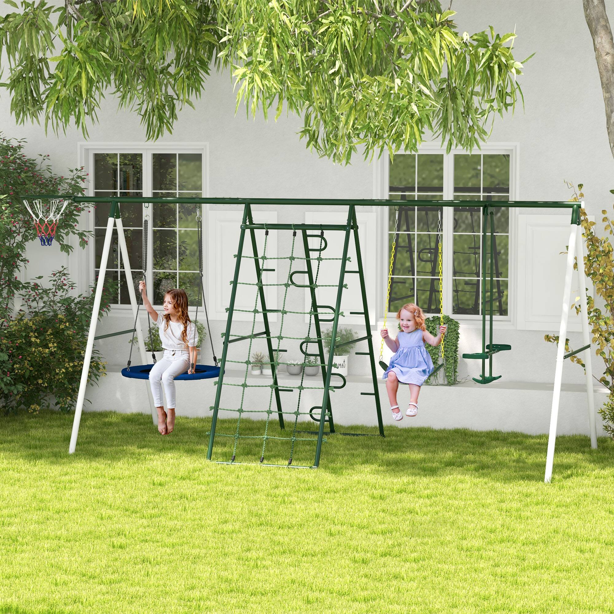 Angle. Outsunny - 5 in 1 A-Frame Stand, Outdoor Playset, Saucer Swing, Slide, Swing Seats, Glider, Basketball Hoop, Climbing Steps, Net.