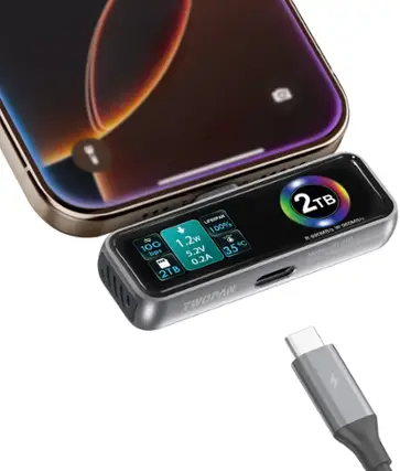 The text on the image reads:
... 100% d 1.2w 1 C 10G bps 5.2V 35C ... 0.2A 2TB TWORAN 2TB W:960MB/s R:990MB/s Portable S50 Professional Portable T01-218 TO1 Made by Name.