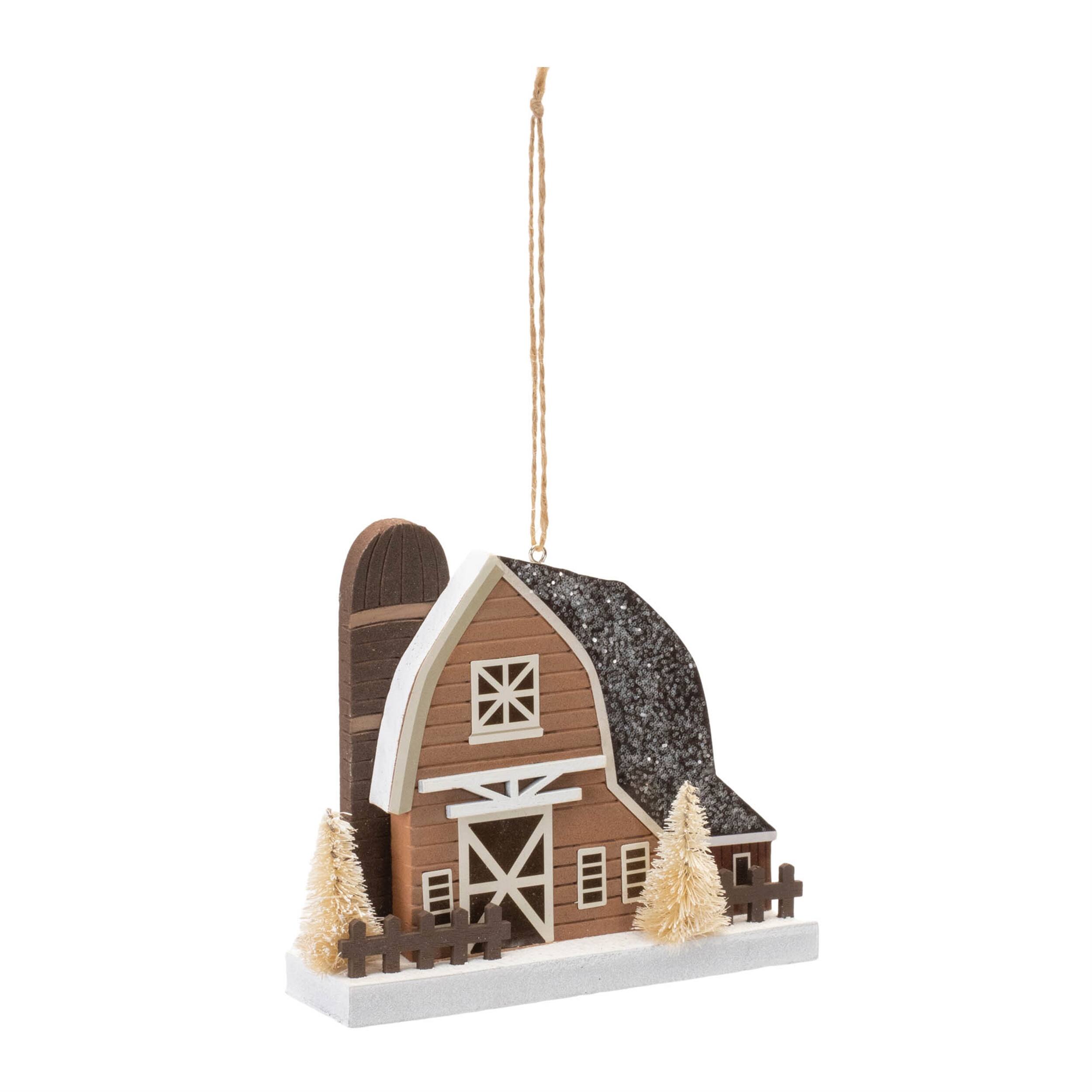 Angle. BreeBe - Glittered Barn Ornament (Set of 6) - Brown, White.