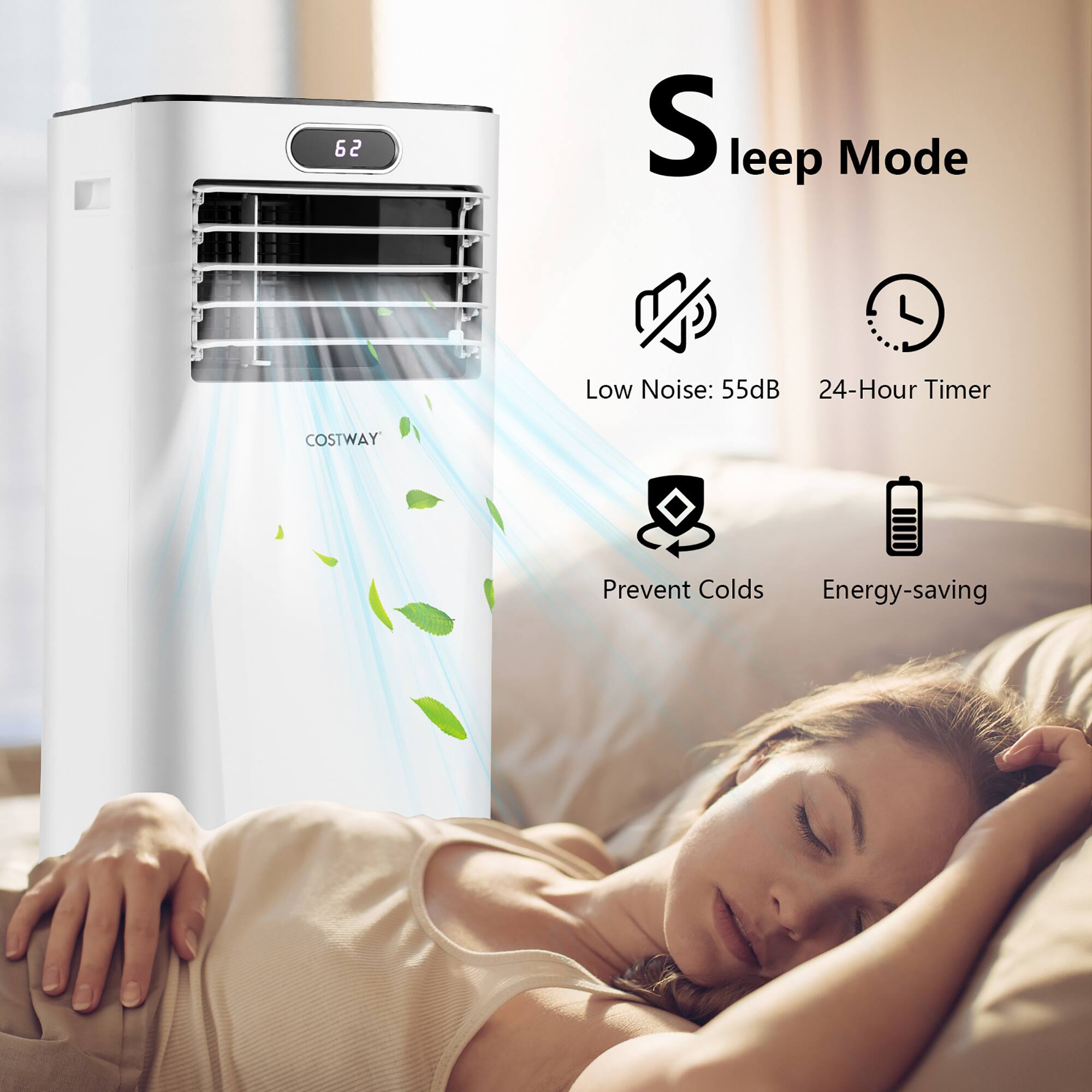 The text on the image is grouped as follows:

1. Sleep Mode: Low Noise: 55dB, 24-Hour Timer, Energy-saving.

The corrected text is:

Sleep Mode: Low Noise: 55dB, 24-Hour Timer, Energy-saving.