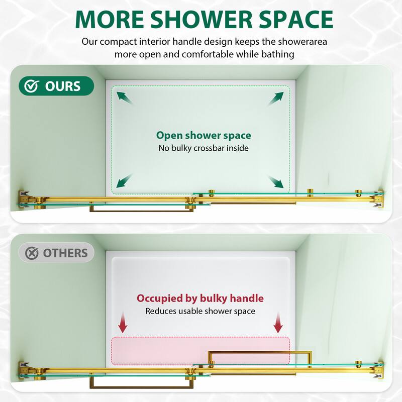 MORE SHOWER SPACE  
Our compact interior handle design keeps the shower area more open and comfortable while bathing  

OURS  
Open shower space  
No bulky crossbar inside  

OTHERS  
Occupied by bulky handle  
Reduces usable shower space