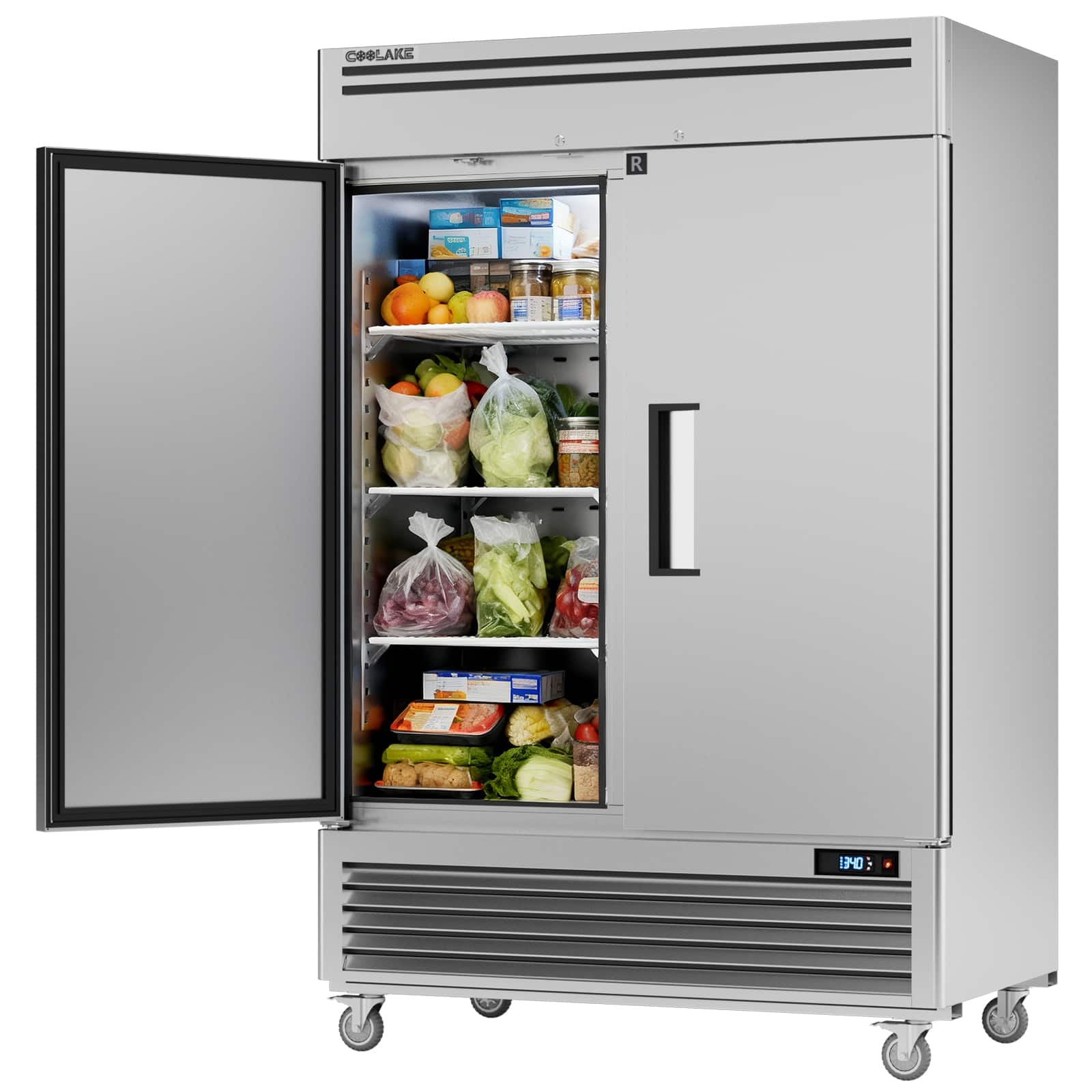 Coolake - 49 Cu Ft Commercial Reach-in Refrigerator, 54.4" W 2 Door Upright Fridge with 8 Adjustable Shelves - Stainless Steel