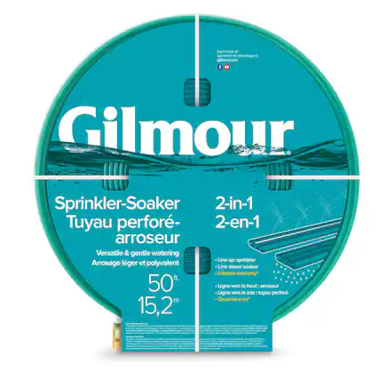 Gilmour
Sprinkler-Soaker
Tuyau perforé-arroseur
Versatile & gentle watering
Arrosage léger et polyvalent
50 ft.
15,2 m
2-in-1
2-en-1
Line up: sprinkler
Line down: soaker
Lifetime warranty
Ligne vers le haut: arroseur
Ligne vers le bas: tuyau perforé
Garantie à vie
learn more at:
apprenez-en davantage à:
gilmour.com
Gilmour.com
