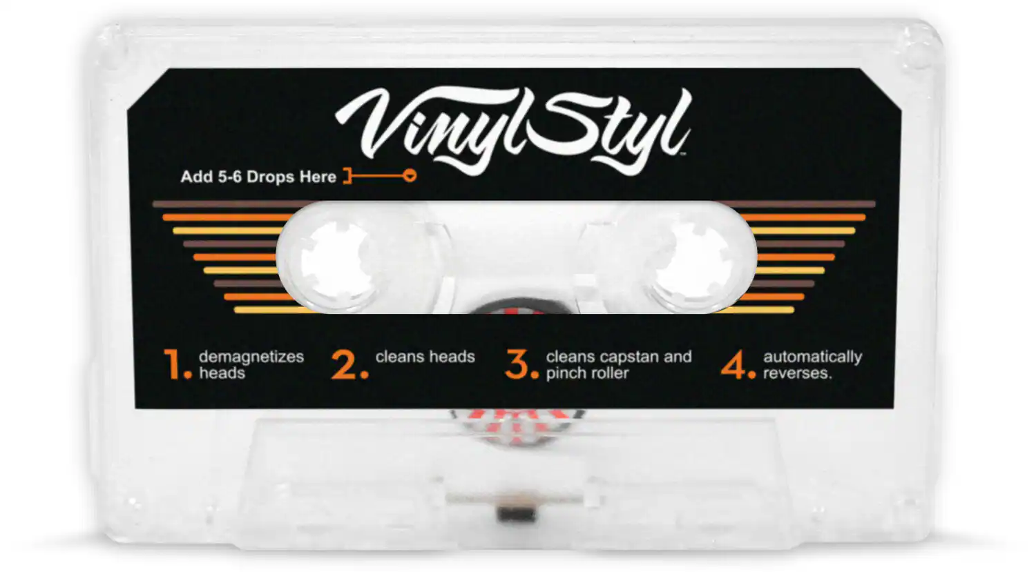 Vinyl Styl

Add 5-6 Drops Here

1. demagnetizes heads  
2. cleans heads  
3. cleans capstan and pinch roller  
4. automatically reverses.