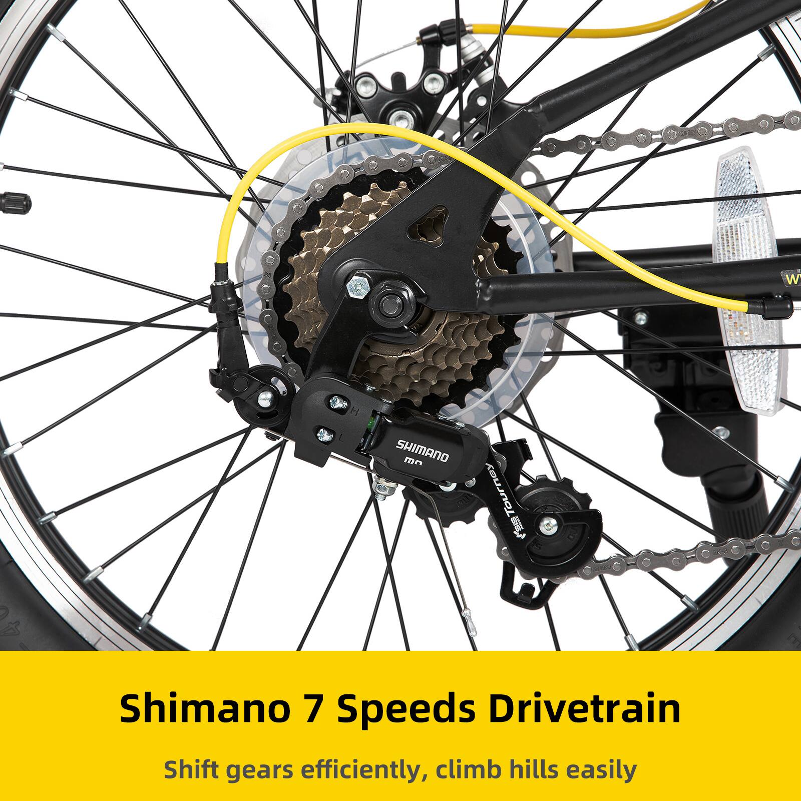 Shimano 7 Speeds Drivetrain  
Shift gears efficiently, climb hills easily