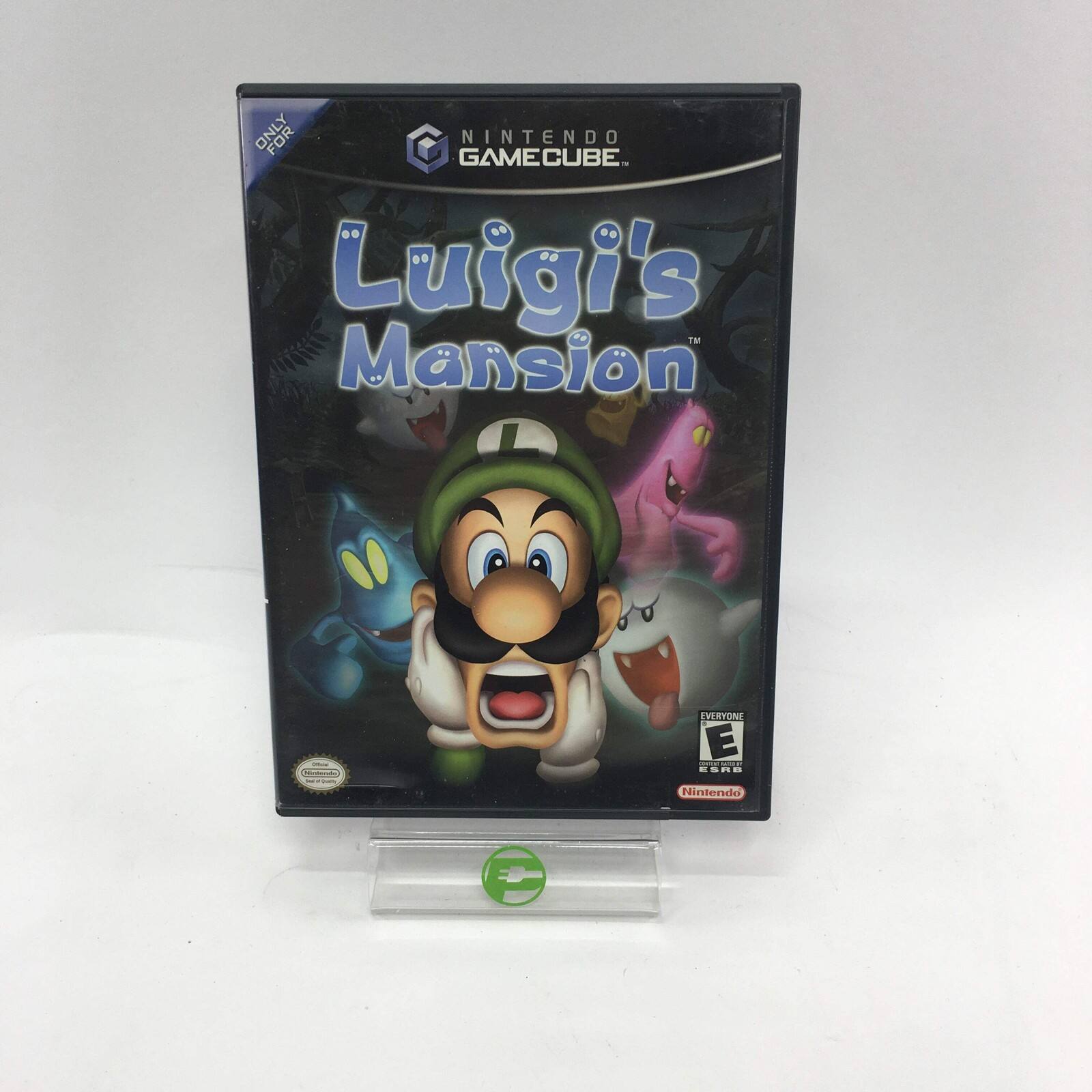 The text on the image should be grouped and corrected as follows:

"ONLY NINTENDO GAMECUBE Luigi's Mansion EVERYONE E MHR - Nintendo" - E (Everyone)