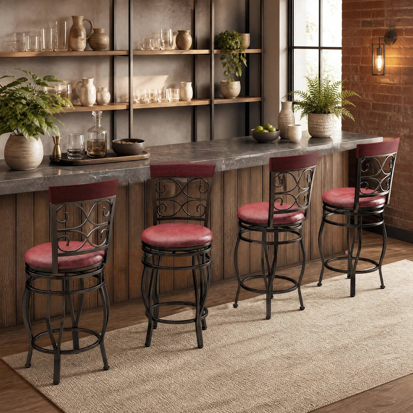 Alt View 1. Costway - Costway 26" Swivel Bar Stools Set of 4 with Upholstered Seat Scroll Backrest Footrest Brown - Brown 26".
