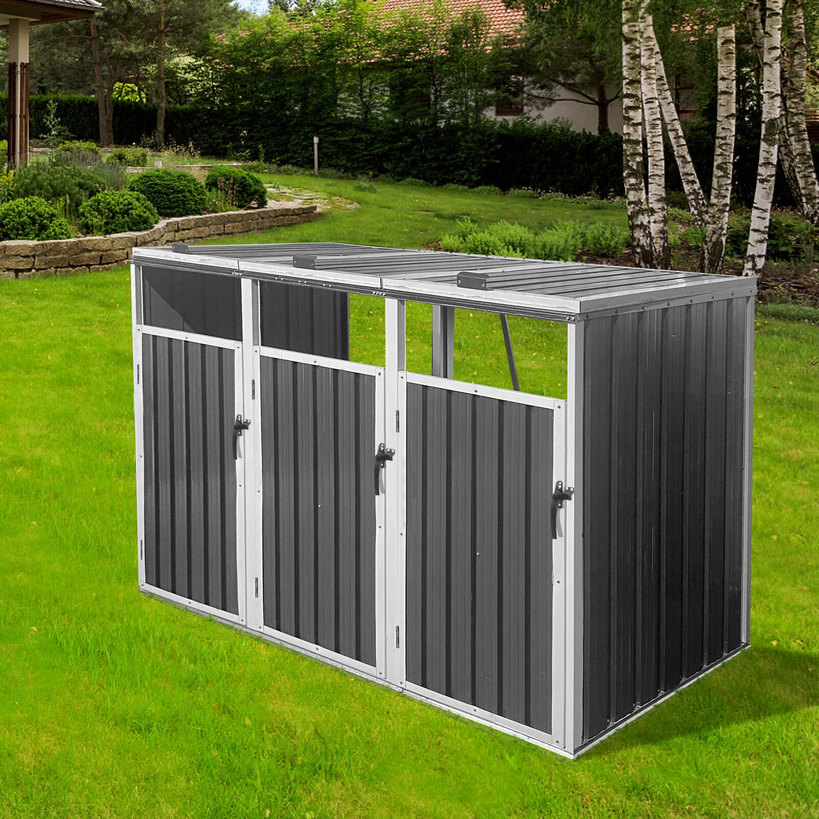 Left. Mondawe - 3 Trash Cans Metal Outdoor Bin Shed - White+gray.