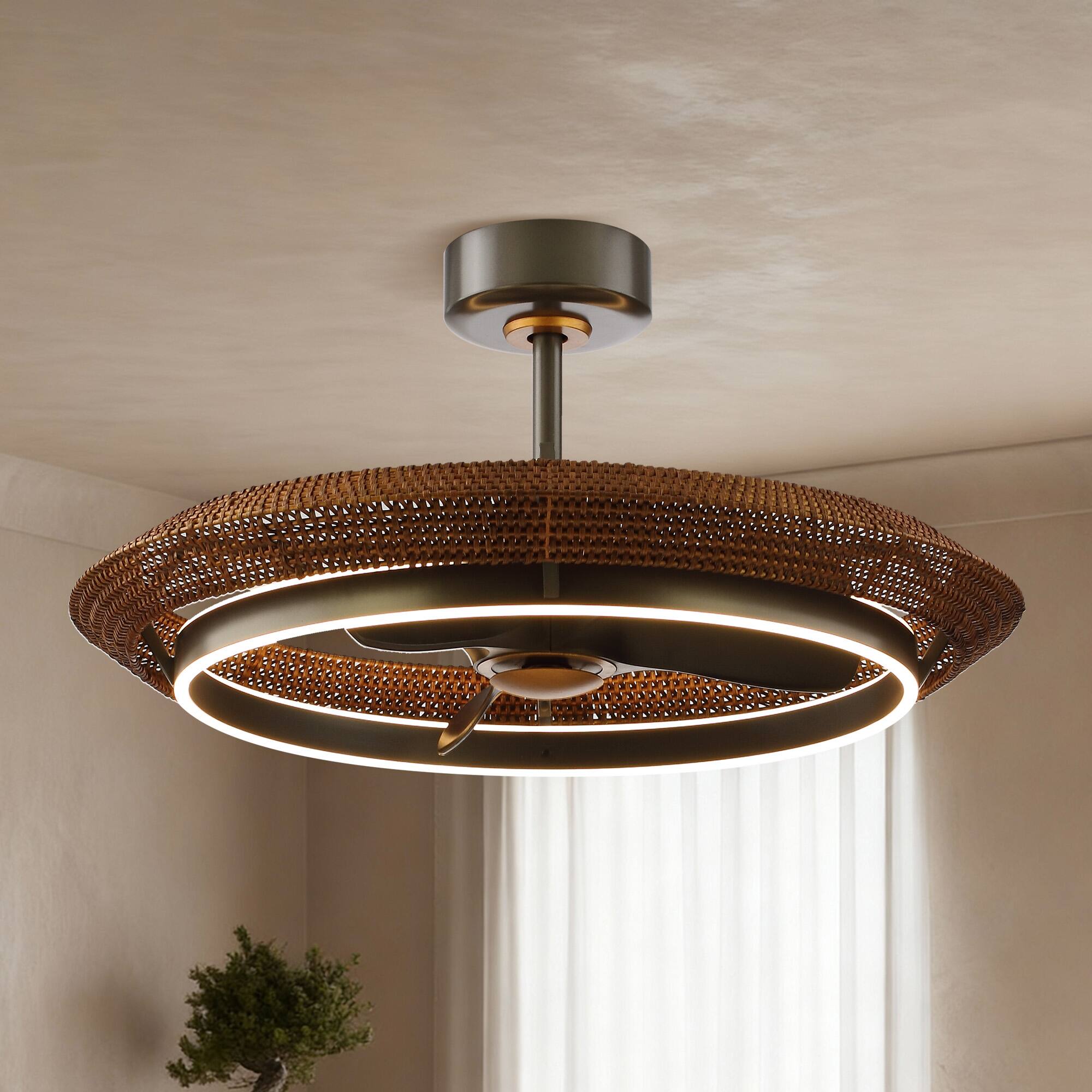 Front. Parrot Uncle - 24" Farmhouse Balck Hand Rattan LED Fandelier Ceiling Fan with Remote - Black.