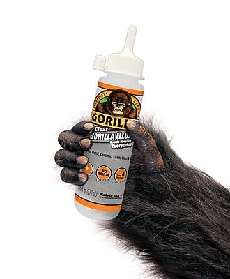 Sure, here is the corrected text:

**GORILLA GLUE**

**Clear Gorilla Glue**

**Bonds Everything**

**NO TOXIC FUMES**

**NO ACETONE**

**Made in USA**

**1 FL OZ (29 mL)**

**Bonds Metal, Ceramic, Foam, Rubber, Wood, Glass, and More**