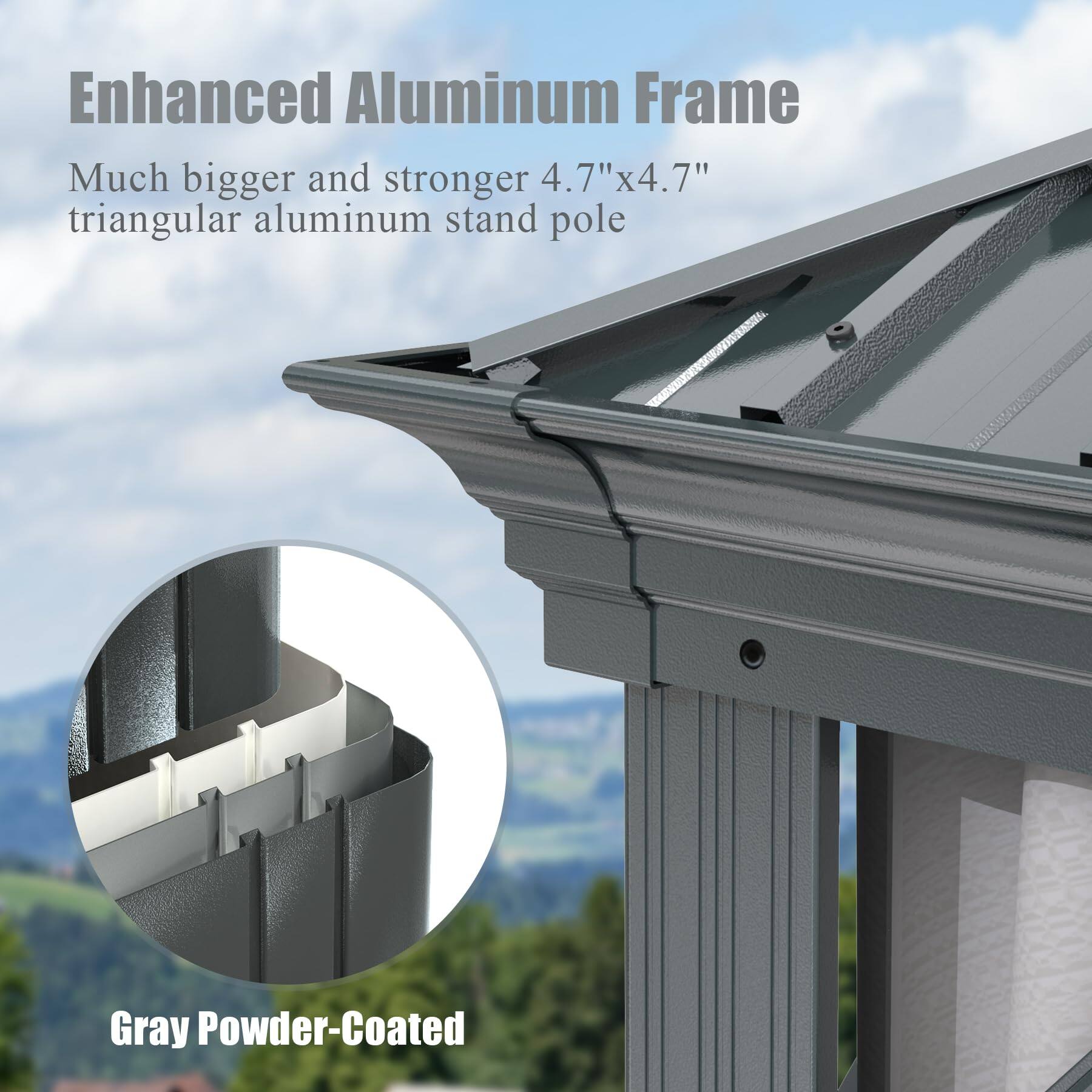 Enhanced Aluminum Frame

Much bigger and stronger 4.7"x4.7" triangular aluminum stand pole

Gray Powder-Coated