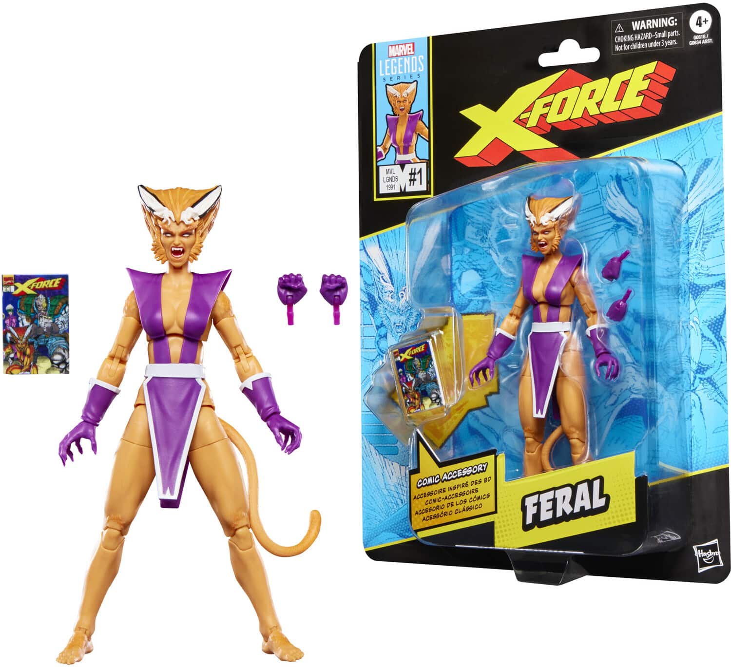 WARNING: 4+ HAZARD - Small parts. CHOKING HAZARD - Not for children under 3 years.  
MARVEL LEGENDS SERIES  
X-FORCE  
#1  
X-FORCE  
COMIC ACCESSORY  
INSPIRED BY COMICS  
COMIC ACCESSORY  
FERAL