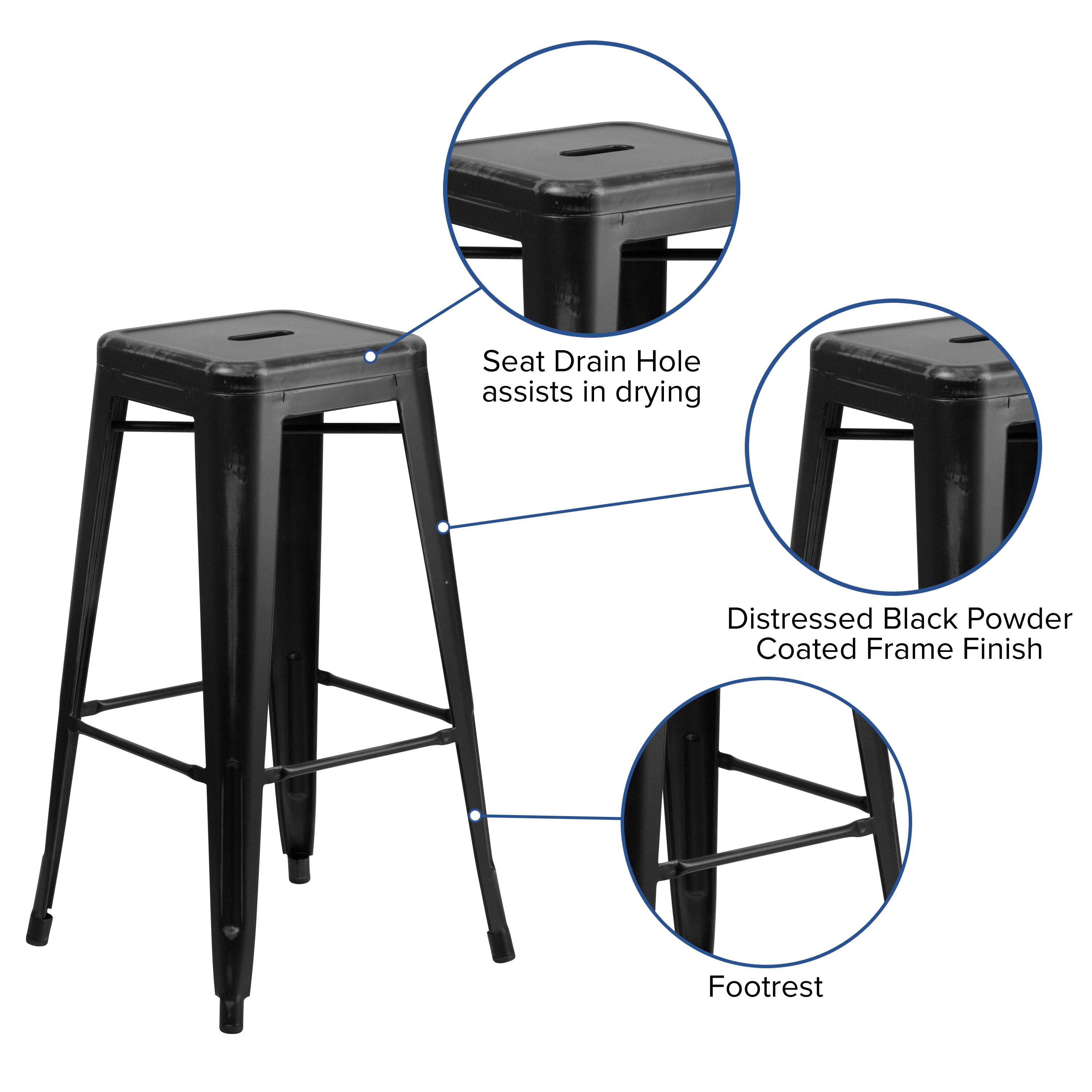 Seat Drain Hole assists in drying  
Distressed Black Powder Coated Frame Finish  
Footrest