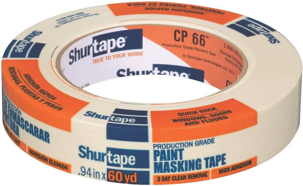Shurtape  
CP 66  
Production Grade Paint Masking Tape  
Quick Stick  
Windows, Doors, and Floors  
High Adhesion  
3 Day Clean Removal  
.94 in x 60 yd  
Adhesion Rápida  
Ventanas, Puertas y Pisos  
Adhesión Elevada  
Made in USA  
Shurtape Technologies, LLC 2013  
1 888 442 8273  
Hickory, NC