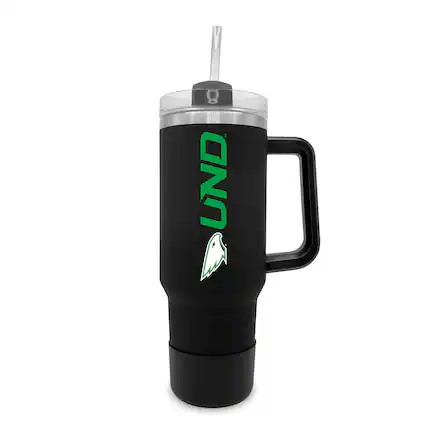 Front. The Fanatic Group - North Dakota 40oz. Stainless Tumbler with Handle & Removable Straw - Black.